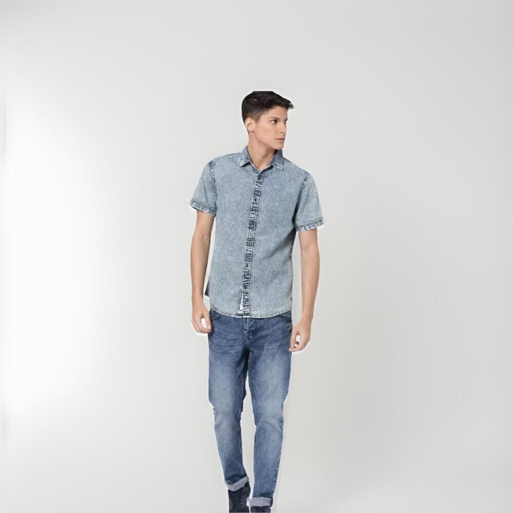 only & sons men blue regular fit faded denim casual shirt Size Medium